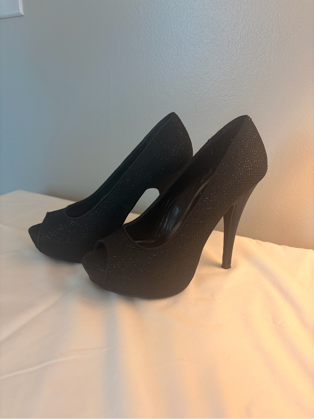 Chinese Laundry Black Sparkle Peep-Toe Stilettos